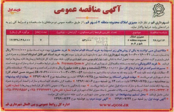 مناقصه , مناقصه ممیزی املاک منطقه (2) شهر قم نوبت اول