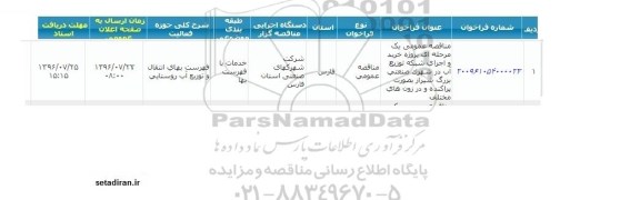 مناقصه عمومی یک مرحله ای، مناقصه پروژه خرید و اجرای شبکه توزیع آب 