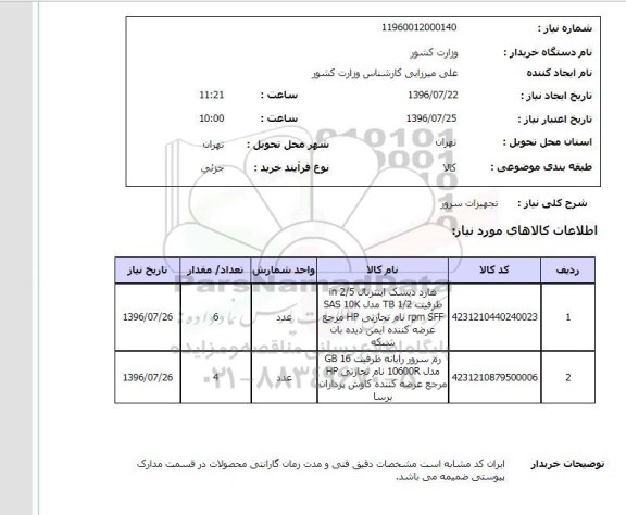 استعلام، استعلام تجهیزات سرور