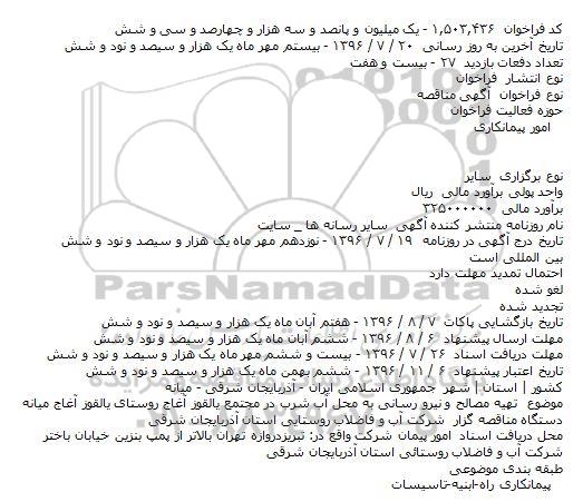 مناقصه تهیه مصالح و نیرو رسانی به محل آب شرب 96.7.22