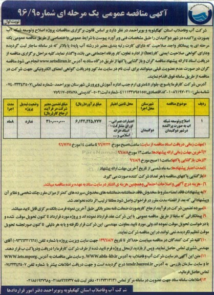 آگهی مناقصه عمومی یک مرحله ای , مناقصه اصلاح و توسعه شبکه آب به صورت پراکنده 