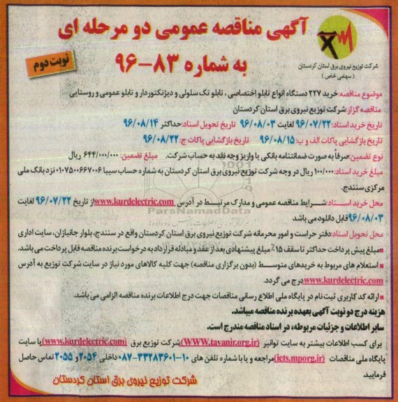 مناقصه, مناقصه خرید 227 دستگاه انواع تابلو  نوبت دوم 