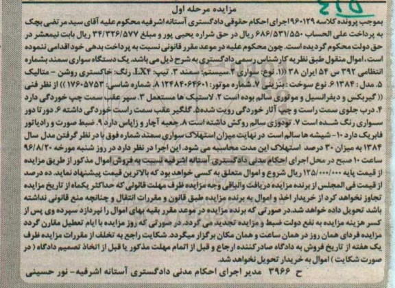 مزایده، مزایده یک دستگاه سواری سمند