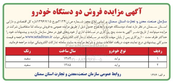 مزایده,مزایده فروش تعداد 2 دستگاه خودرو 96.7.23