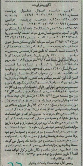 مزایده,مزایده تمامی ششدانگ اپارتمان مسکونی زیربنای 77.02متر