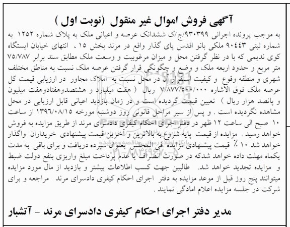 مزایده,مزایده ششدانگ ملک مساحت 75.787متر