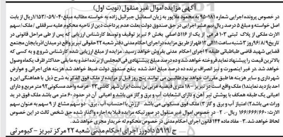 مزایده,مزایده پلاک ثبتی صد و سه فرعی بخش شش تبریز