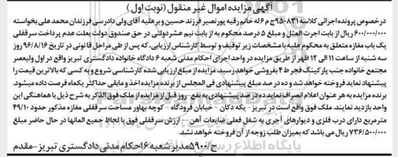 مزایده,مزایده مغازه مساحت 49.10متر نوبت اول