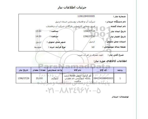 استعلام , استعلام کلر گرانول خلوص 96.7.25