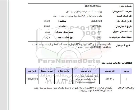 استعلام, استعلام نگهداری دیزل ژنراتور 