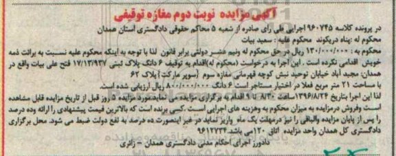 مزایده,مزایده ششدانگ پلاک ثبتی مغازه مساحت 21 متر