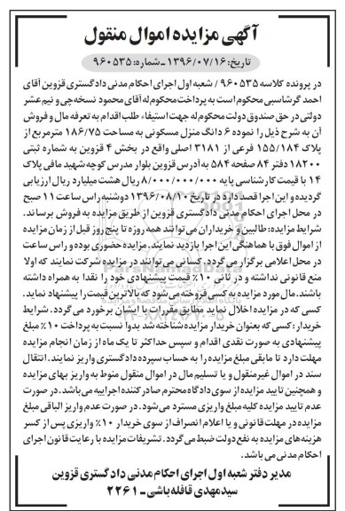 مزایده,مزایده ششدانگ منزل مسکونی مساحت 186.75متر 