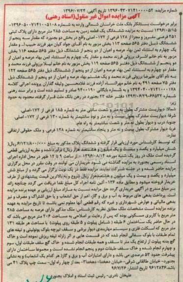 مزایده,مزایده ششدانگ زمین مساحت 285متر 