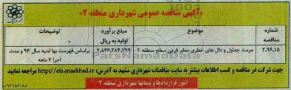 آگهی مناقصه عمومی,مناقصه مرمت جداول و دال های خطری معابر فرعی