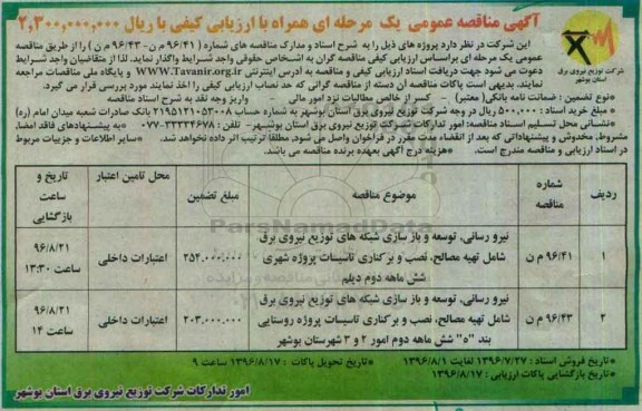 آگهی مناقصه عمومی یک مرحله ای همراه با ارزیابی کیفی , مناقصه نیرو رسانی، توسعه و بازسازی شبکه های توزیع نیروی برق شامل تهیه مصالح