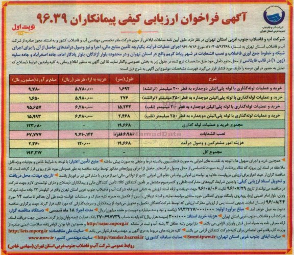آگهی فراخوان ارزیابی کیفی پیمانکاران, فراخوان ارزیابی کیفی خرید و عملیات لوله گذاری با لوله پلی اتیلن دو جداره ...