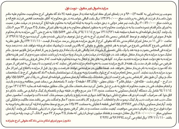 مزایده,مزایده 3.5 سهم از 72 سهم ششدانگ آپارتمان قولنامه ای