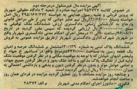 مزایده,مزایده ششدانگ پلاک ثبتی مشتمل بر زمین 4340.000متر