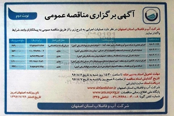 اگهی برگزاری مناقصه عمومی , مناقصه عملیات اجرای بخشی از شبکه فاضلاب شهر ... نوبت دوم 