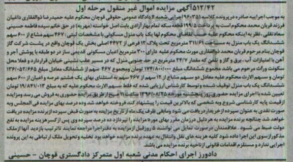 مزایده,مزایده ششدانگ یک باب منزل به مساحت 311/61 مترمربع