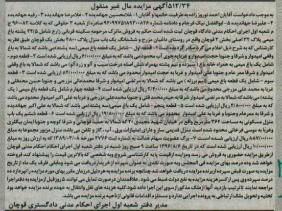 مزایده,مزایده ششدانگ یک باب منزل پلاک 4800