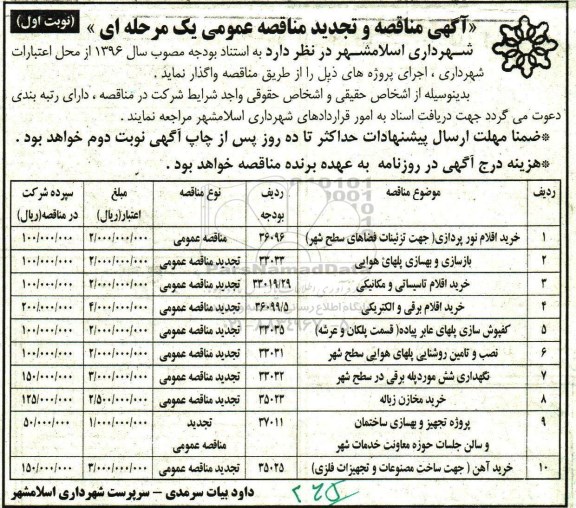 آگهی مناقصه و تجدید مناقصه عمومی یک مرحله ای، مناقصه و تجدید مناقصه خرید اقلام نور پردازی ...