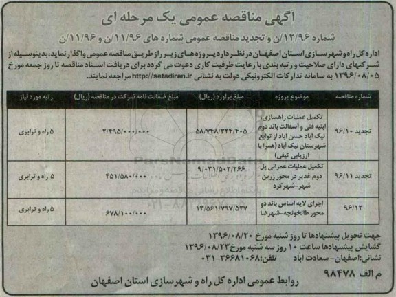 تجدید مناقصه, مناقصه اجرای لایه اساس باند دو محور و تجدید مناقصه تکمیل راهسازی و عملیات عمرانی...