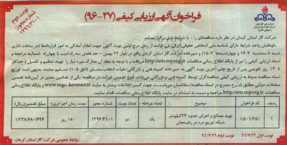 فراخوان آگهی ارزیابی کیفی, فراخوان تهیه مصالح و اجرای حدود 24 کیلومتر شبکه توزیع دره در رفسنجان - نوبت دوم