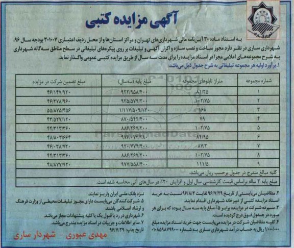 آگهی مزایده کتبی, مزایده مجوز ساخت ، نصب سازه و اکران آگهی و تبلیغات بر روی پیکره های تبلیغاتی