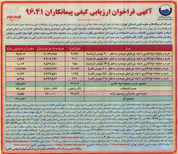 آگهی فراخوان ارزیابی کیفی پیمانکاران, فراخوان ارزیابی کیفی خرید و عملیات لوله گذاری با لوله پلی اتیلن دو جداره به قطر 200... نوبت دوم 