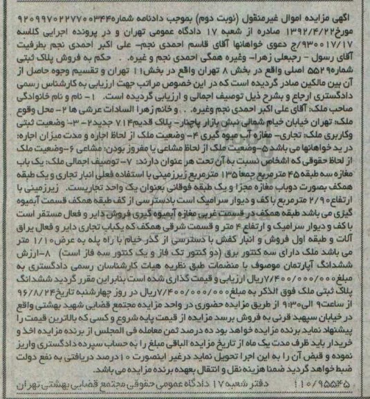 مزایده,مزایده مغازه آب میوه گیری نوبت دوم