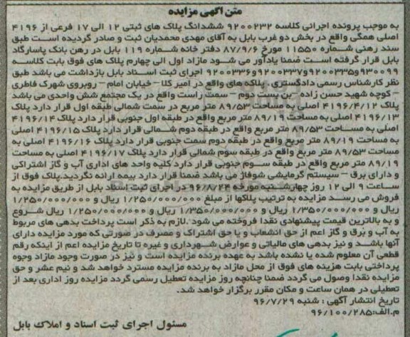مزایده,مزایده ششدانگ پلاکهای ثبتی 12 الی 17 فرعی