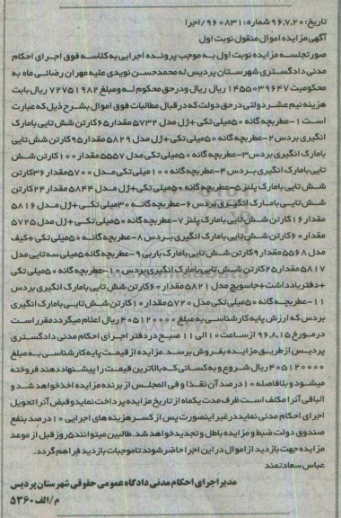 آگهی مزایده اموال منقول, مزایده انواع عطر بچه گانه