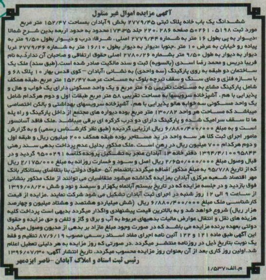 مزایده,مزایده ششدانگ یکباب خانه مساحت 152.47متر