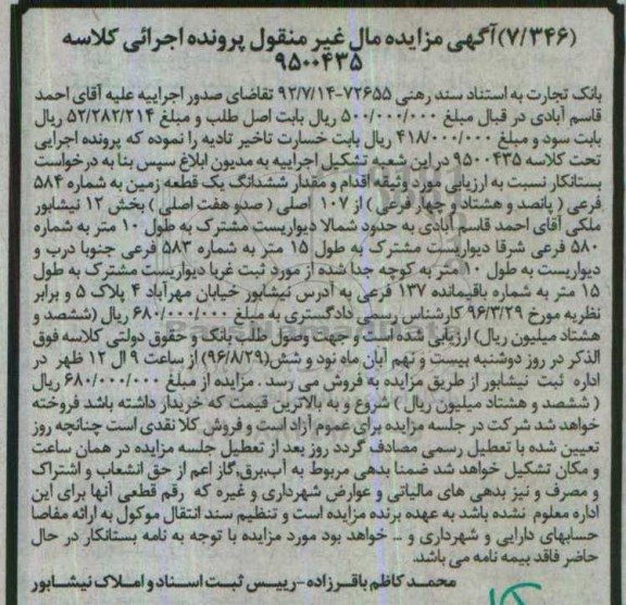 مزایده,مزایده ششدانگ زمین بخش 12 نیشابور 