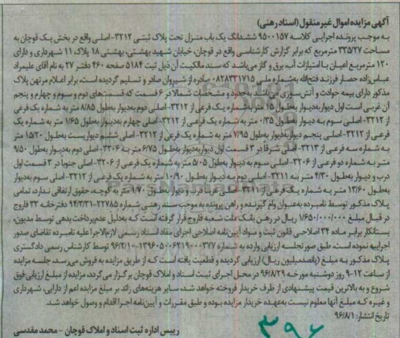 مزایده,مزایده ششدانگ یکباب منزل بخش یک قوچان