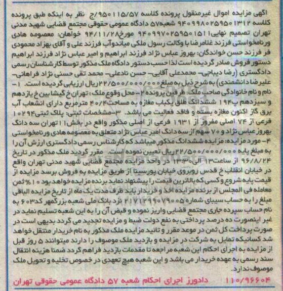 مزایده,مزایده ششدانگ طلق یکباب مغازه مساحت 40.4متر