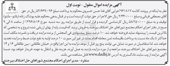 آگهی مزایده اموال منقول، مزایده پوشاک زنانه (پالتو - مانتو)