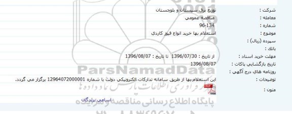 مناقصه عمومی,  استعلام بها خرید انواع فیوز کاردی