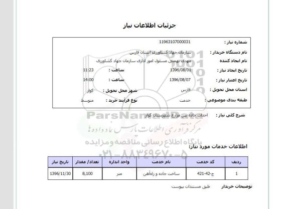 استعلام,استعلام احداث جاده بین مزارع 