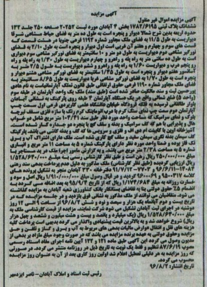مزایده,مزایده ششدانگ پلاک ثبتی 1782/6195 بخش چهار 