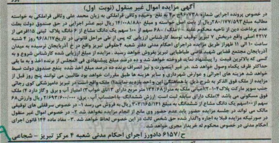 مزایده,مزایده پلاک ثبتی 115 فرعی بخش هفت تبریز