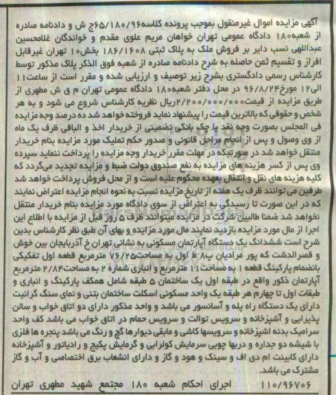 مزایده,مزایده ملک به پلاک ثبتی 186/1608 بخش ده