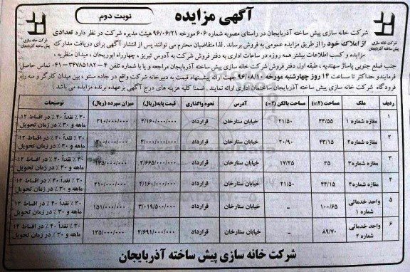 مزایده,مزایده فروش تعدادی از املاک نوبت دوم