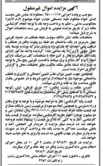 مزایده,مزایده ششدانگ سوئیت طبقه همکف 40متر