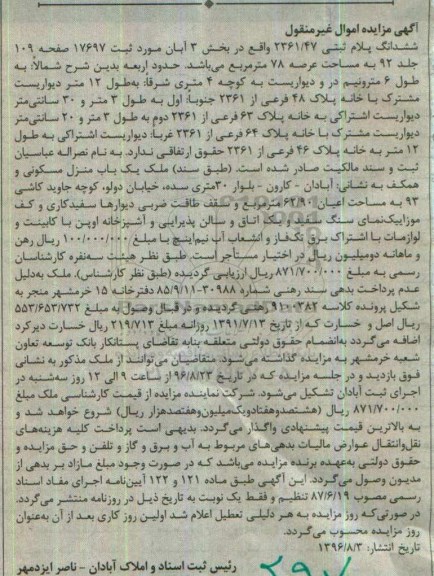 مزایده,مزایده ششدانگ پلاک ثبتی عرصه 78متر 