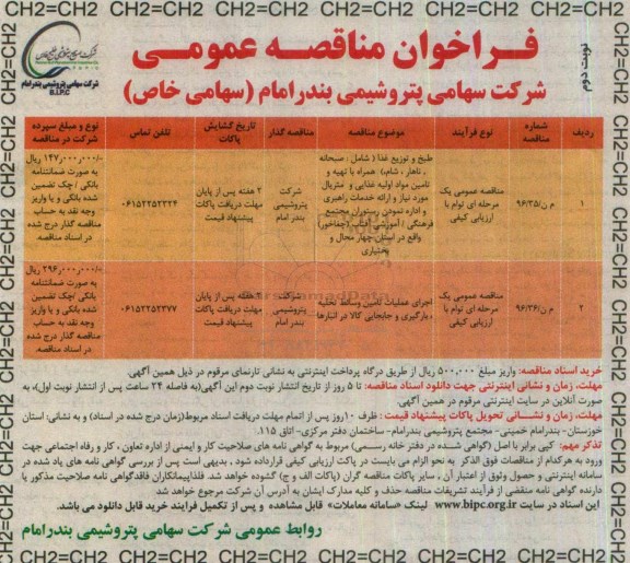 فراخوان مناقصه عمومی, مناقصه طبخ و توزیع غذا و ...نوبت دوم 
