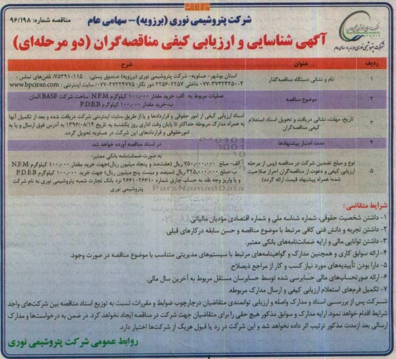 آگهی شناسایی و ارزیابی کیفی مناقصه گران ، ارزیابی کیفی خرید مقدار 100.000 کیلوگرم N.F.M  .... 