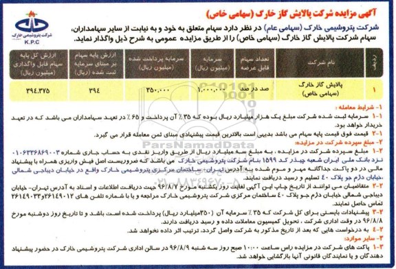 آگهی مزایده، مزایده سهام