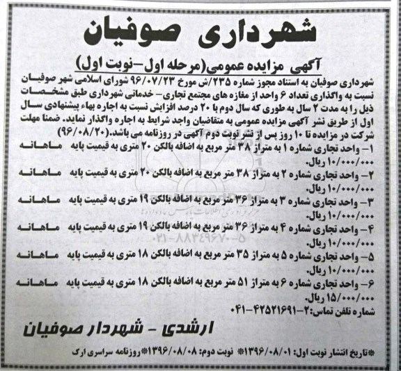 آگهی مزایده , مزایده  واگذاری تعداد 6 واحد از مغازه های مجتمع تجاری